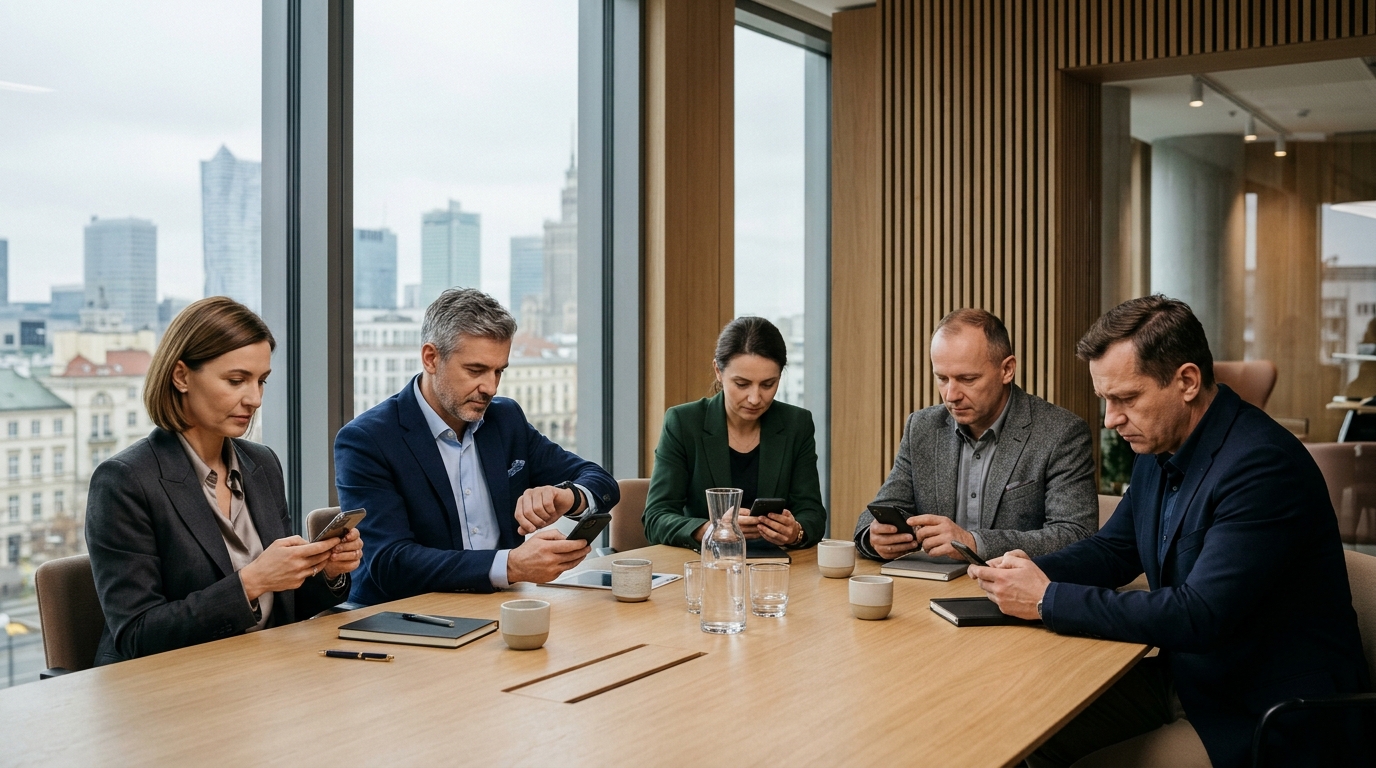 Spotkanie zarządu w Warszawie – kadra menedżerska rozproszona powiadomieniami na smartfonach (badanie Workplace FOMO)